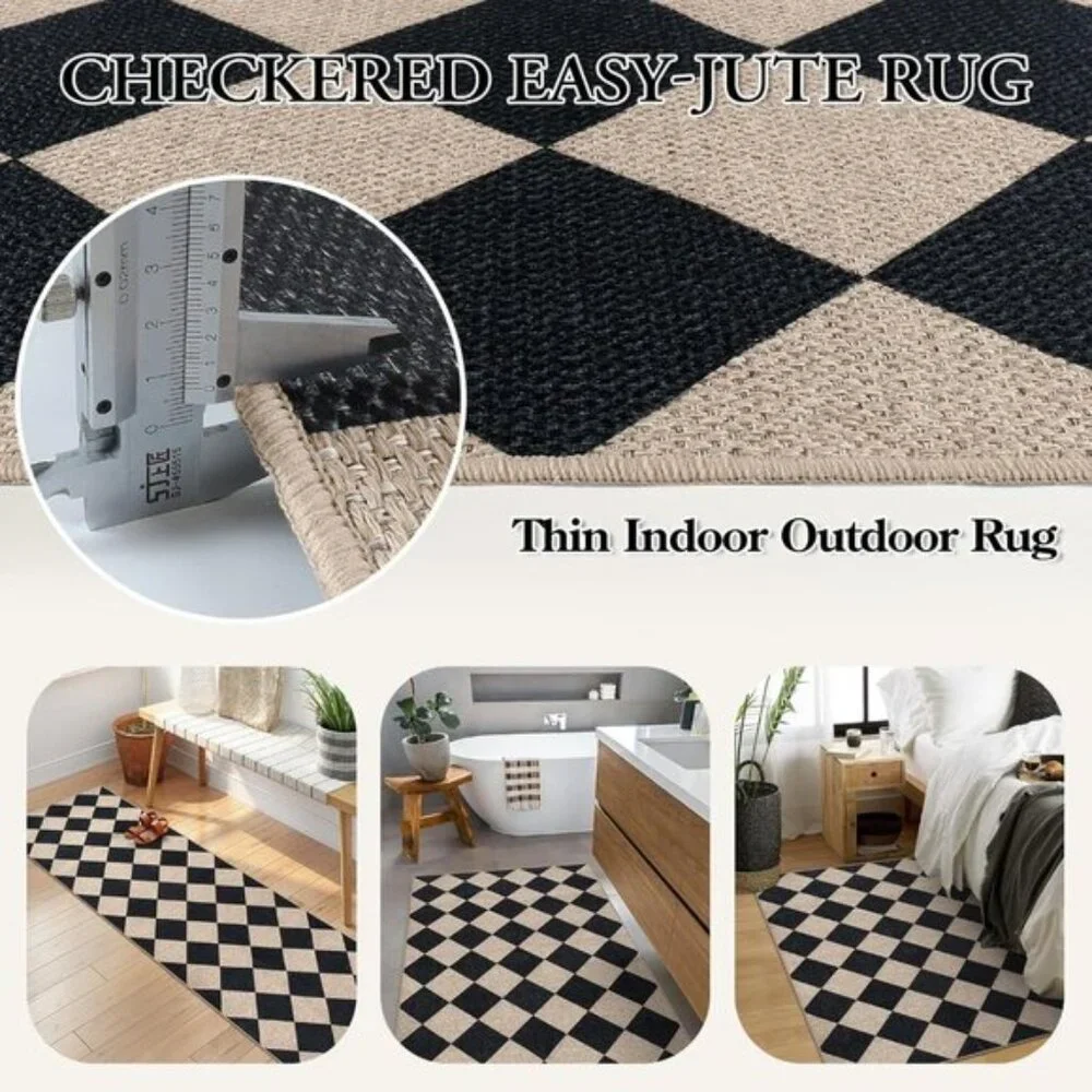 3x5 Checkered Jute Area Rug, Washable Non-Slip Indoor Outdoor Farmhouse Carpet